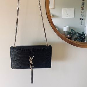 YSL TASSEL CHAIN KATE BLACK CROC EMBOSSED LEATHER